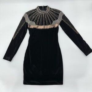 Marciano Los Angeles Black Velvet Embellished Beaded Mini Dress XS